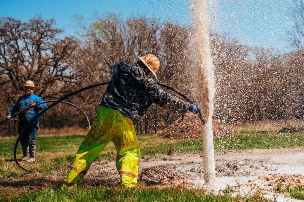 Two water well drillers, clad in vibrant work gear, manage a powerful stream of water gushing from a newly drilled well. The primary worker, wearing bright yellow pants and a mud-coated black jacket, struggles to control the hose as water and debris spray wildly. Another worker in blue assists, steadying the hose amidst a backdrop of trees and a clear sky.